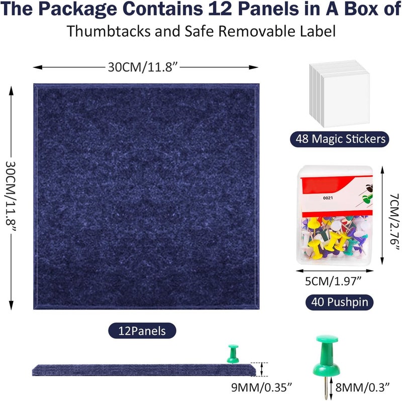 ZHIDIAN Felt Wall Tiles Bulletin Board with Removable Adhesive, 47"x35" Dark Blue Cork Board Alternative with 40 Push Pins, 12 Pack Large Office Cork Tile Push Board Felt Squares for Walls - Image 2